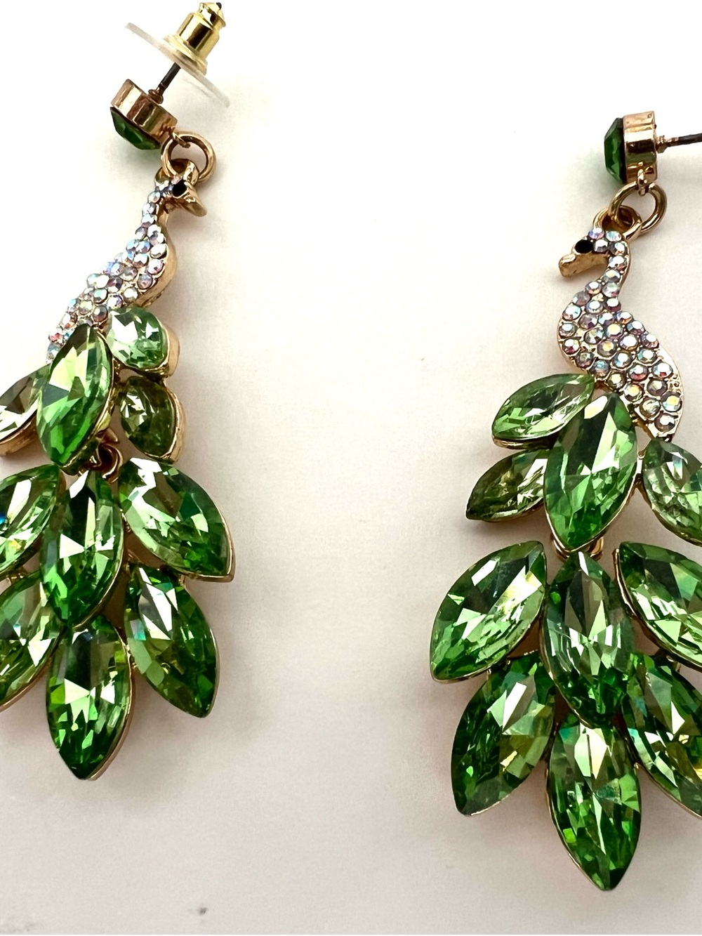 Green Crystal Peacock Drop Earrings - Unbranded